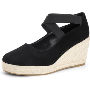 Women's Espadrilles Sandals, Closed Toe Platform for Women Slip on Elastic Ankle Strap Casual Comfortable Wedge Sandals (7.5, G-black/Suede)