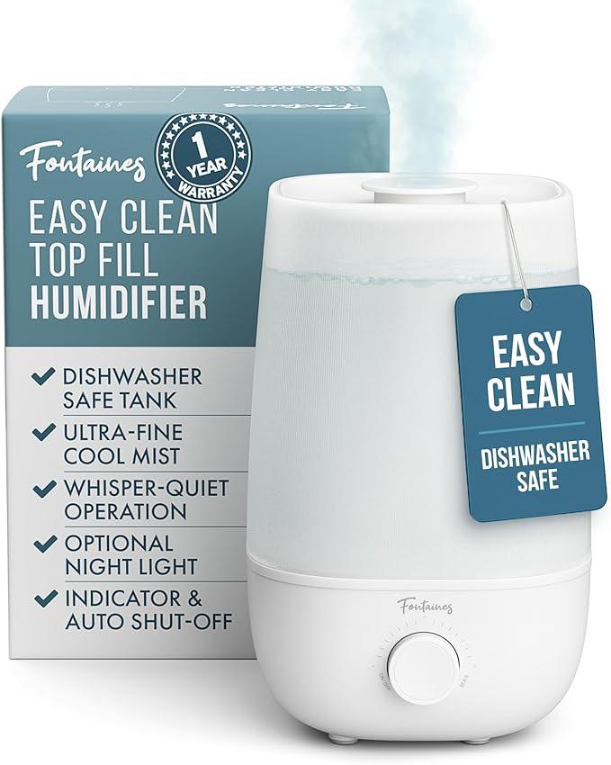 Fontaines Luxury TopFill Cool Mist Humidifier  360° UltraFine Spray, WhisperQuiet Operation, DishwasherSafe Tank, Nightlight & Auto ShutOff, Easy to Clean for Home, Bedroom, Baby Nursery
