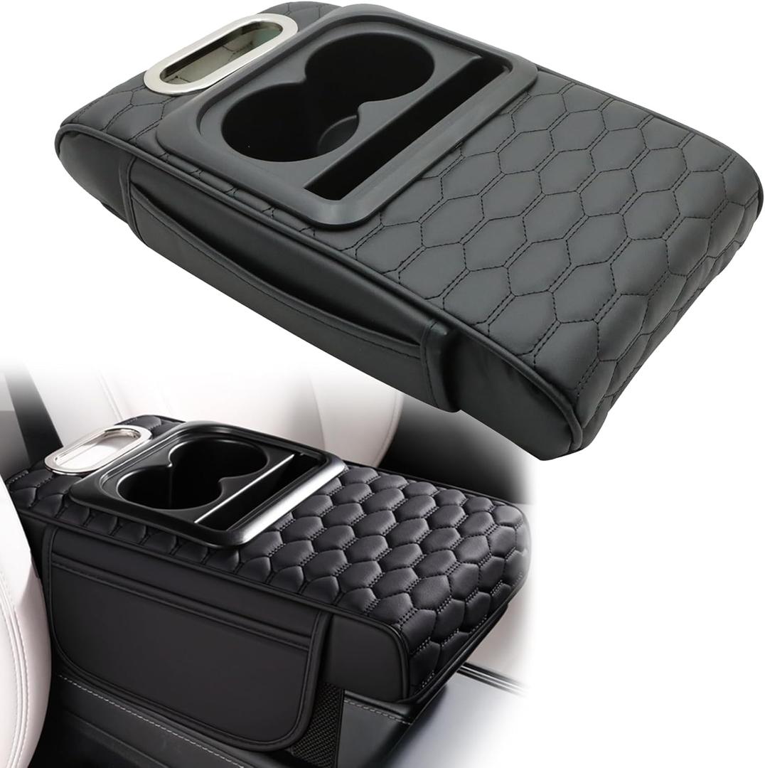 Universal Car Multifunctional Armrest Heightening Pad Microfiber Leather Black Multifunctional Car Armrest Cushion Storage Cup Holder Phone Storage Slot