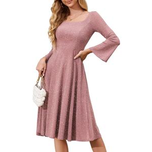 BeryLove Prom Dress for Teens: Sequin Formal Party Dress with Flutter Short Sleeves for Wedding & Cocktail Evening Events (Large, Long Sleeve Blush)