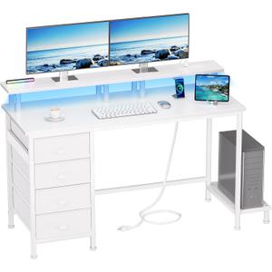Furologee Computer Desk with 4 Fabric Drawers, 47 Inch Gaming Desk with Power Outlets and LED Lights, Home Office Desk with Full Monitor Stand and Shelf, Study Writing Desk for Bedroom, White