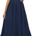 Newshows Women's Summer Square Neck Ribbed Knit Short/Long Sleeve A Line Flowy Midi Dress with Pockets, Small, Navy Blue