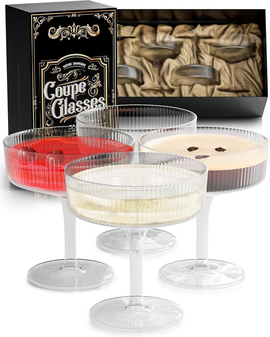 Champagne Coupe Glasses Set of 4 - Expresso Espresso Martini Glasses, Ribbed Coupe Cocktail Glasses, Vintage, Crystal