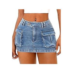Women Denim Cargo Skirt Mini Low Waist Button Bodycon Y2K Flap Pockets Skirts Size L