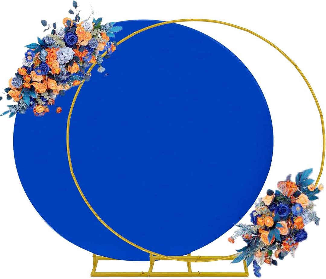 6ft Round Backdrop Stand and Royal Blue Covers 1 Stable Balloon Arch Stand with Base and 1 Polyster Circle Arch Cover Metal Wedding Arch Backdrop Stand Frame for Party Baby Shower Garden Decoration