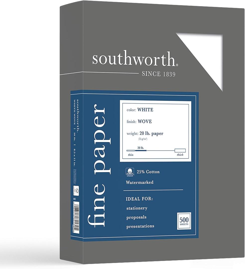Southworth 403C 25% Cotton Business Paper White 20 lbs. Wove 8-1/2 x 11 500/Box FSC