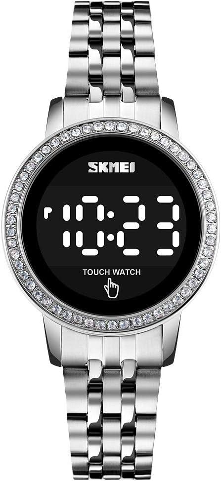 Stainless Steel Digital Watches for Women, LED Touch Screen Bracelet Watches Waterproof Elegant Crystal Wrist Watch Clock for Ladies (Round Silver)