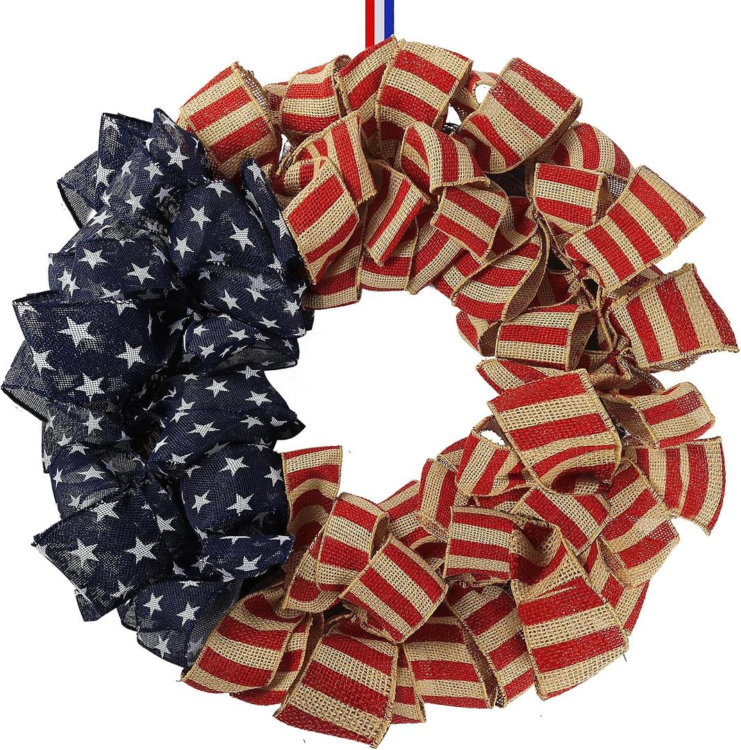 Sggvecsy 23Inch 4th of July Patriotic Day Wreath for Front Door with Grapevine Base America Patriotic Flag Burlap Summer Patriotic Decorations for Independence Day Memorial Day Veterans Day