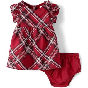 The Children's Place Baby Girls' And Newborn Short Sleeve Dressy Dress and Diaper Cover Set (6-9 Months, Red Ochre Plaid)