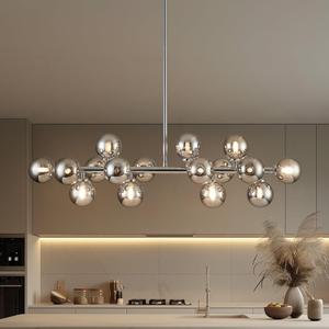 Glass Globe Sputnik Chandelier, 16-Light Mid Century Modern Light Fixture Over Table, Linear Chandeliers for Dining Room, Kitchen Island, Chrome and Smoke Grey Bubble, 40 Inch, GC-02 (Chrome Silver (with Somke Grey Lampshade))
