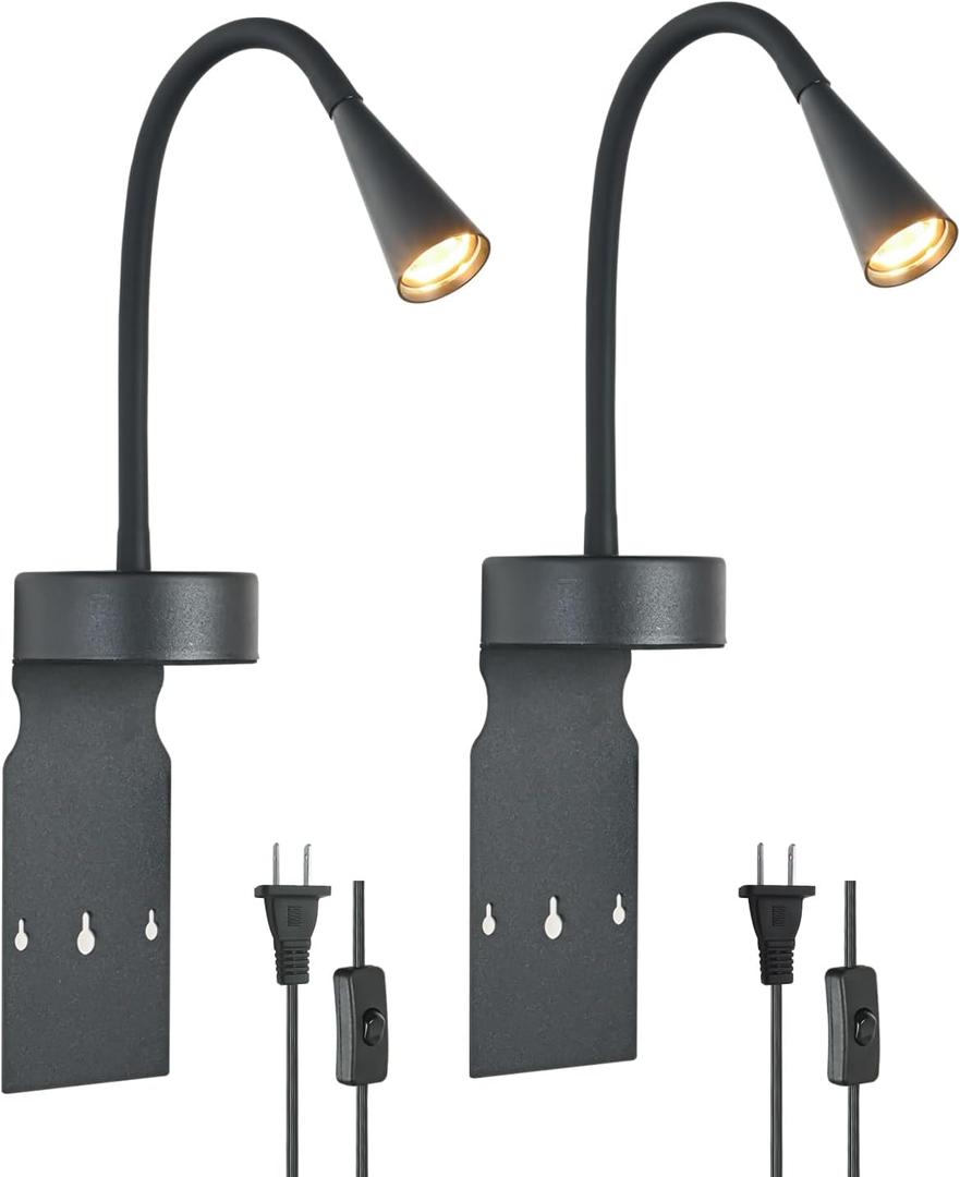 Black Headboard Reading Light 2 Pack, No Drilling Wall Mounted Reading Lights for Bedside, Buttonless Dimmable Reading Lamp for Bedtime Reading, Movable 720 Adjustable Reading Sconces for Bedroom
