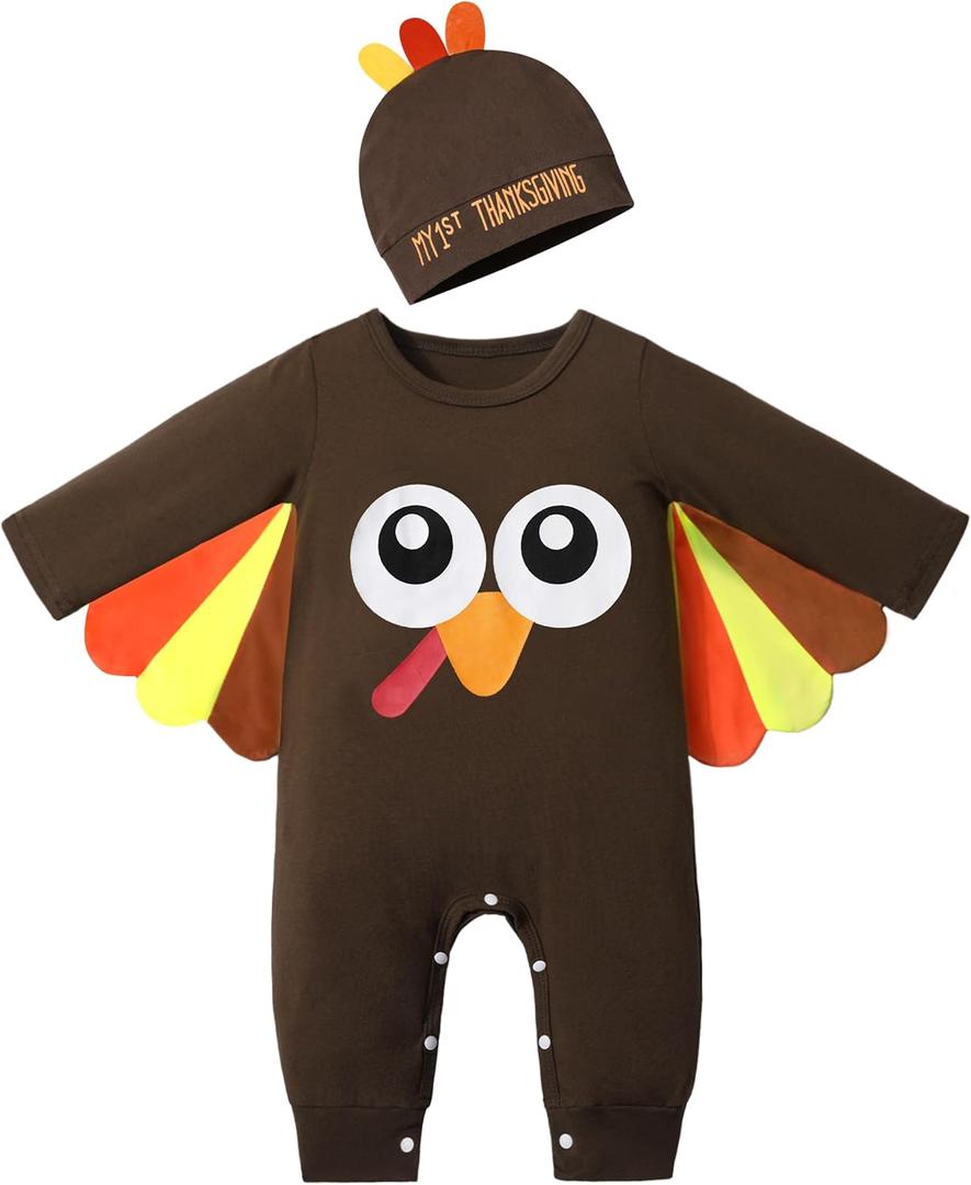 NAPU My First Thanksgiving Baby Boy Outfit Cute Turkey Romper Long Sleeve One Piece Jumpsuit Hat 2Pc Baby Thanksgiving Outfit (9-12 Months)