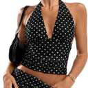 Women Y2k Sexy Polka Dot V Neck Mesh Halter Crop Tops Cute Off Shoulder Sleeveless Tie Up Ruched Tank Going Out (Medium, Black)