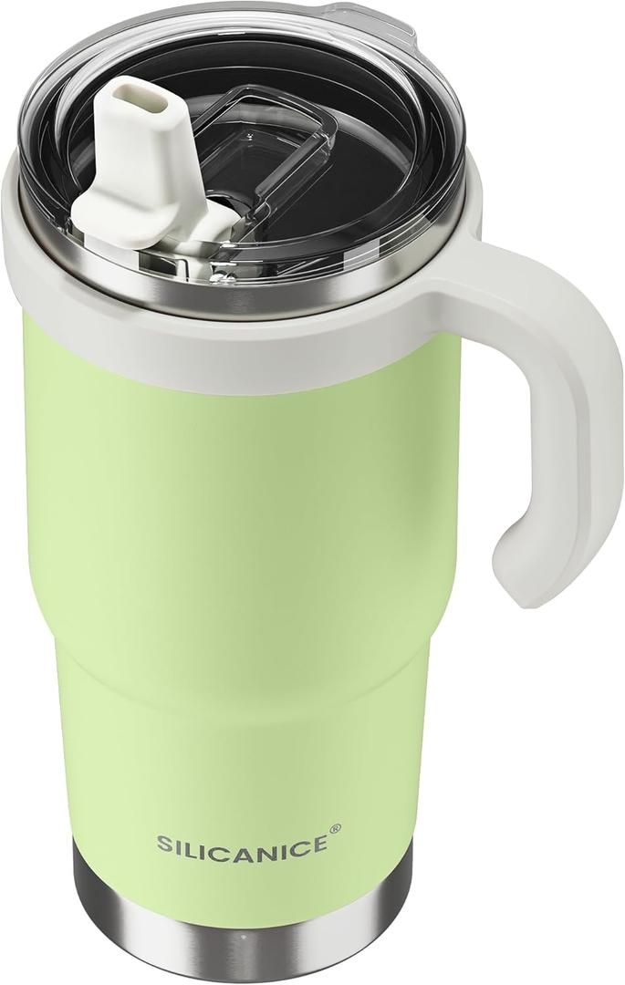 24oz Hygienic Insulated Tumbler with Handle 100% Leakproof Lid with Removable Spout & Straw, Reinforced Vacuum-Protection Base, Cup Holder Friendly, for Travel,Office & School-Key Lime