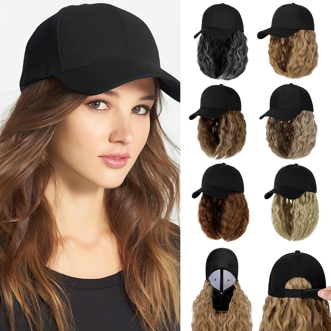 Baseball Hat Wig,Hat with Hair attached 16'' Adjustable Black Cap with Wavy Curly Synthetic Bob Hair Extensions for Women Girls(Medium Blonde Mix Ash Blonde)