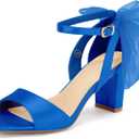 Coutgo Women's Bow Tie Heeled Sandals Chunky Heels One Strap Satin Ankle Buckle Dress Wedding Shoes (8, Royal Blue)