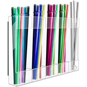 Magnetic Straw Holder Acrylic for Cabinet Reusable Organizer Dispenser 5-Grid Straw Rack Transparent Comes with 4 Double-Sided Tapes and 15 Classification Label Stickers