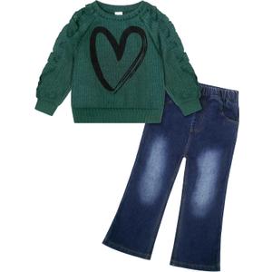 VOGRYE Toddler Girl Outfit Set - Ruffle Heart Sweatshirt Wide Leg Jeans Soft Cotton 2-Piece for 12M-5T Size 3-4y