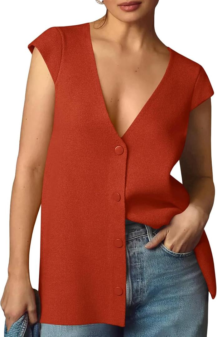 Saodimallsu Womens Deep V Neck Sweater Vest Sleeveless Knit Button Up Loose Fit Cap Sleeve Trendy Summer Tops (Red, S)