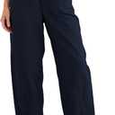 Womens Wide Leg Barrel Pants Mid-Rise Casual Loose Elastic Waist Solid Color Trouser with Pockets (X-Large, Navy)