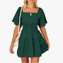 Senllen Women's Summer Dresses 2025 Short-Sleeve Square Neck Mini Dress Crossover Elastic Waist Casual Party Tiered Dress, L, Green
