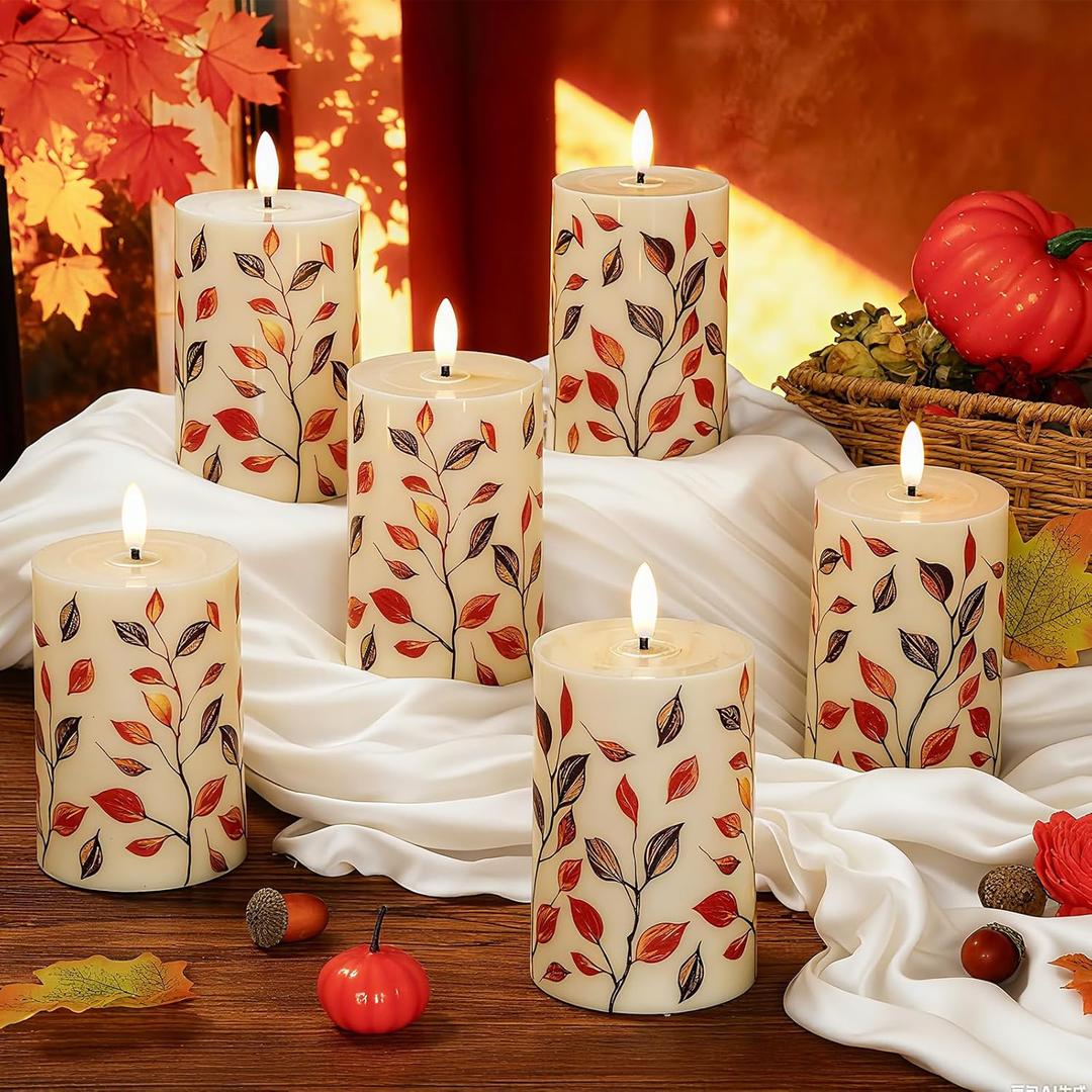 Tuanse 6 Pcs Fall Flameless Candles 4.3 Maple Leaf Pumpkins LED Lights Battery Operated LED Electric Candle for Autumn Thanksgiving Fall Harvest Decor Halloween Wedding Decor (Leaves)