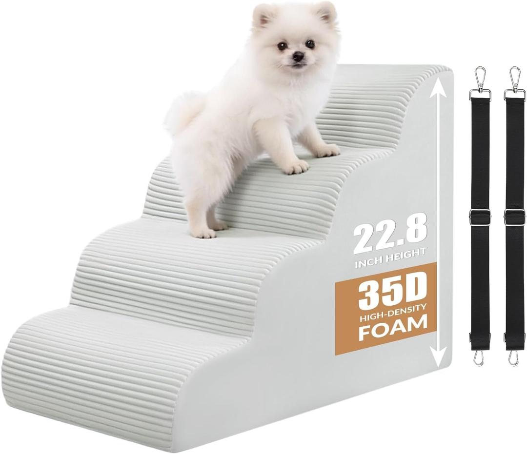 Dog Stairs for Bed Up to 24" H, Extra Height 22.8" 4-Step Pet Steps for Small Dogs and Cats, Non-Slip Sturdy Dog Ramp with Anti-Tip Safety Strap and Washable Cover,Balanced Ramp Indoor Pet Stairs Beige, 4-Steps