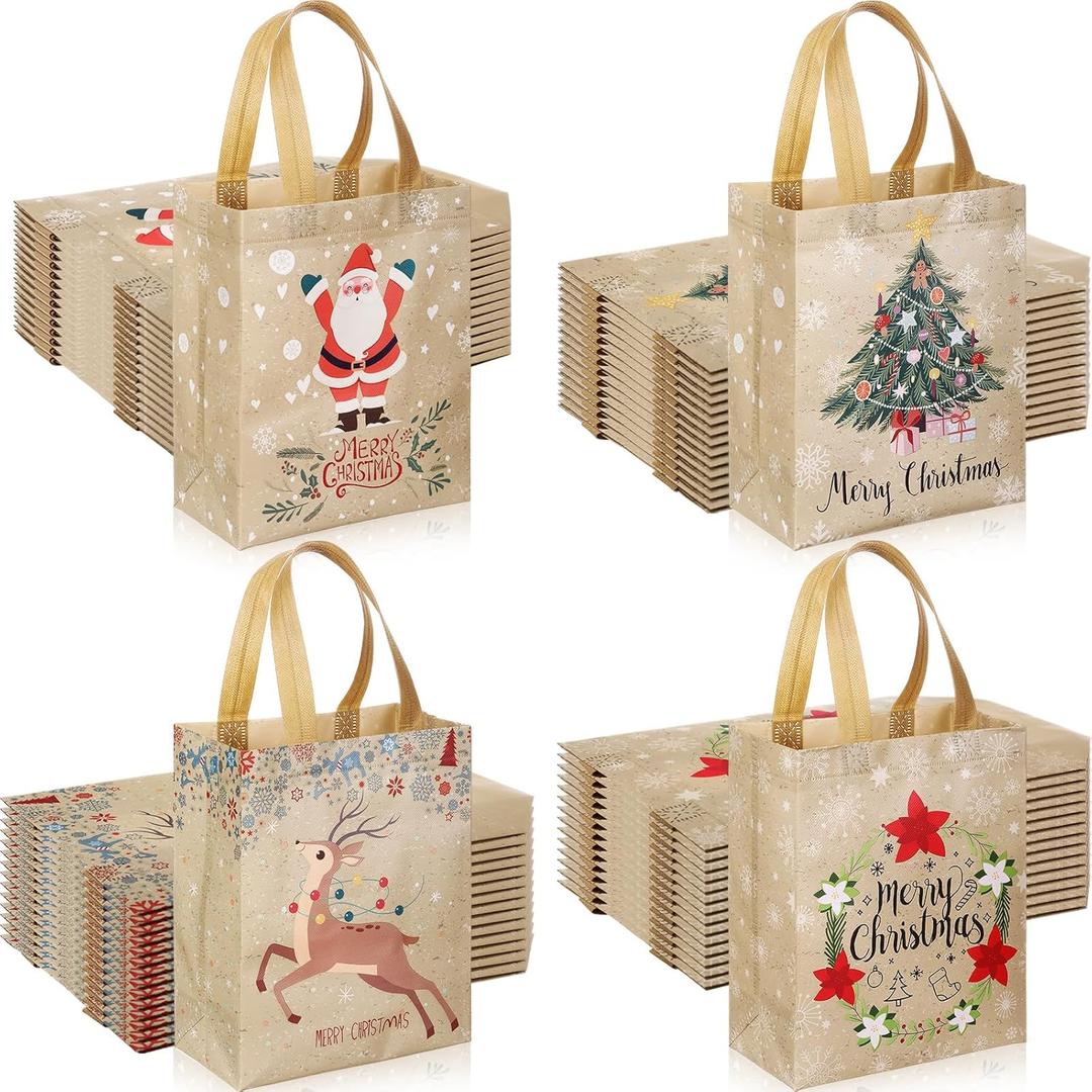 Woanger 60 Pcs Christmas Gift Bags Bulk 10 x 8 x 4 Inch Christmas Party Favors Bags Bulk Reusable Non-woven Tote Treat Goodie Candy Pouch for Xmas Holiday Party Decorations, Santa Claus, Elk, Tree