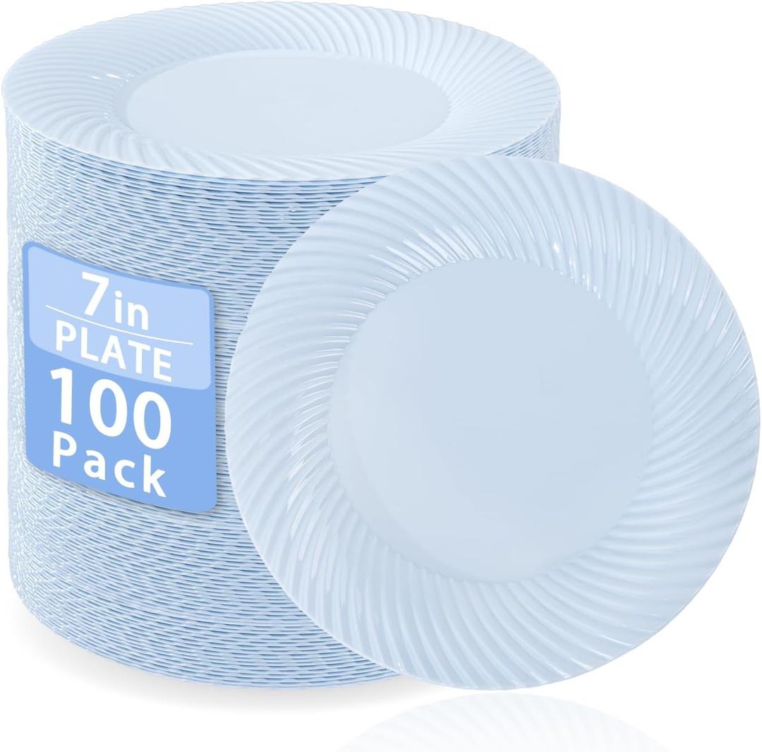 7 Inch Blue Plastic Plates, 100 Count Disposable Heavy Duty Dessert Plates, Disposable Blue Salad Plates,Premium Hard Plates for Party, Weddings & Events