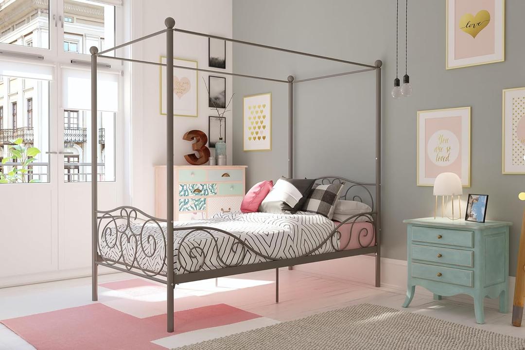 DHP Metal Canopy Kids Platform Bed with Four Poster Design, Scrollwork Headboard and Footboard, Underbed Storage Space, No Box Sring Needed, Twin, Pewter