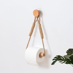 Wood & Rope Wall Toilet Paper Holder, Rustic Tissue Rolls Paper Holder Wall Mounted, Nautical Rattan Bathroom Accessories with Self-Adhesive Seamless Screw (Original)