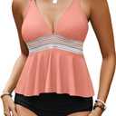 Edelqual Women's Tankini Swimsuits Two Piece Swim Bathing Suit Tummy Control Modest Full Coverage Ruffle Sleeve Swimwear (Medium, Pink Black)