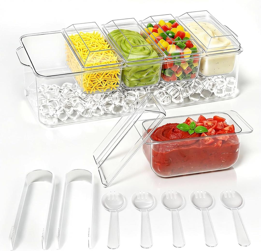 ARSTPEOE Condiment Tray, Chilled Condiment Server for Home, Party, Celebration, Bar Garnish Holder on Ice, Bar Accessories Fruit and Salad with Removable Trays and Lids (5 Spoons & 2 Tongs), 8 compartments