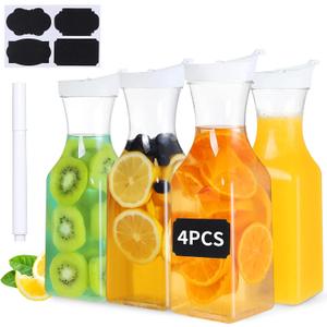 Plastic Carafe with Lid, Pack of 4, 1 Liter Mimosa Bar Supplies Large Square Base Clear Beverage Milk Drink Water Juice Containers for Mimosa Bar Fridge (4)