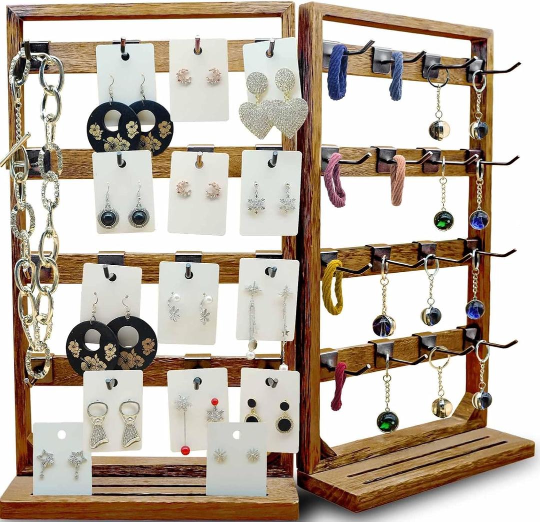 Wooden Foldable Jewelry Display Stand with Removable 32 Hooks, Earring Cards necklace bracelet Keychain Showcase Cascading Merchandise Organizer For Selling For vendor eventsDARK BROWN