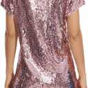 FEMI SEMI Women's Crewneck Sequin Shift Dress Short Sleeve Casual Holiday Sparkly Party Dress (Pink, L)