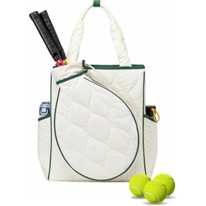 2-in-1 Tennis Tote Bag & Tennis Racket Backpack  Extra-Large Quilted Pickleball Racquet Bags, Water-Resistant & Lightweight for Men & Women (White)