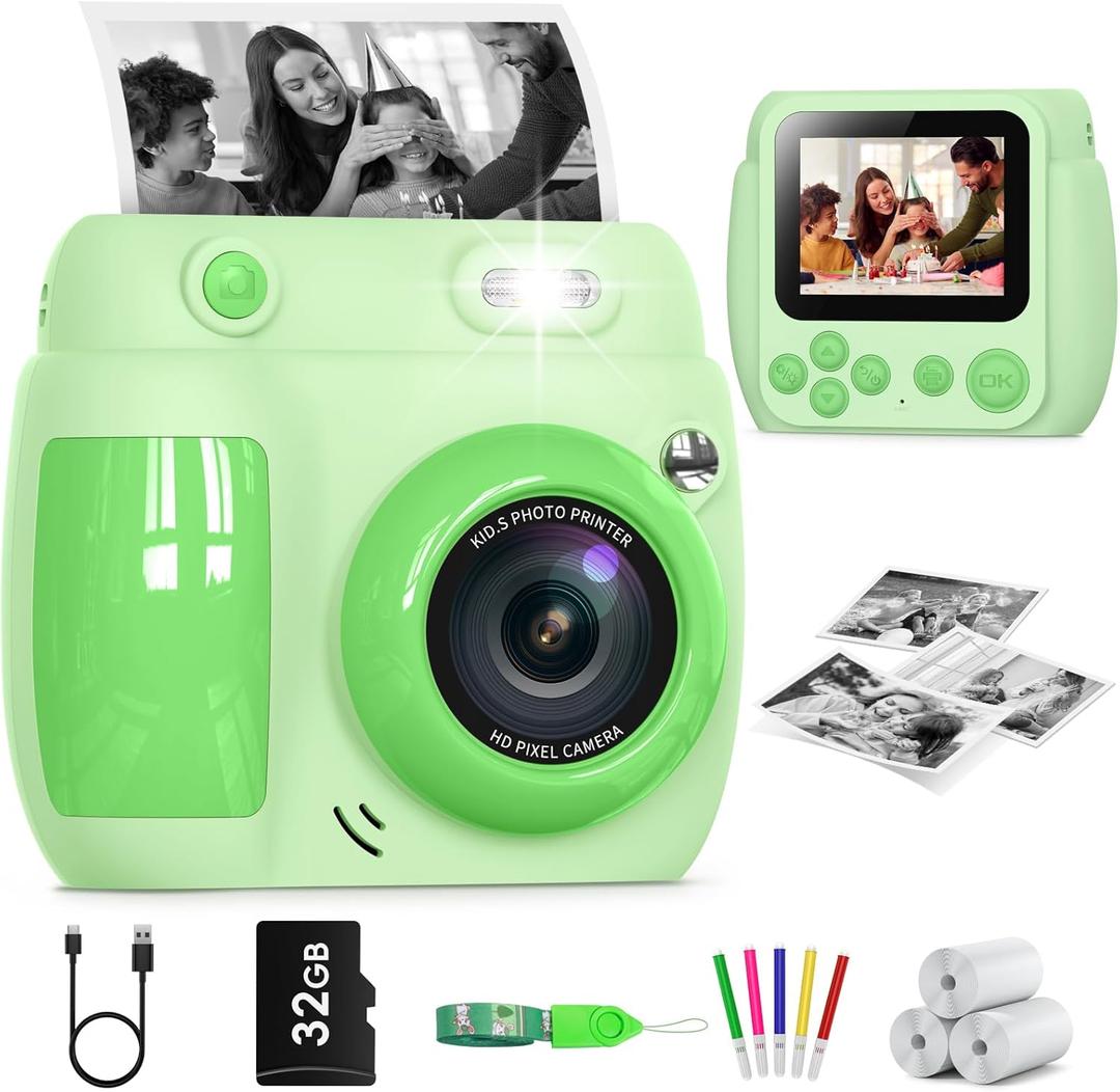 Kids Camera Instant Print, Birthday Gifts for Girls Boys with 3 Rolls Print Paper & 32GB Card, 48MP Toddler Digital Camera 1080P HD Video Toys Cameras for Kids 3-12, Green