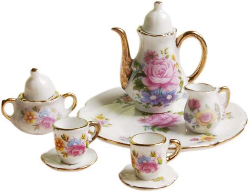 SXFSE Dollhouse Decoration Kitchen Accessories, 8pcs Dining Ware Porcelain Tea Cup Set Pink Dish Cup Plate with Golden Trim 1/6 Dollhouse Miniature