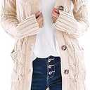 PRETTYGARDEN Long Sleeve Cable Knit Long Cardigan for Women 2025 Fall Winter Chunky Open Front Button Sweaters with Pockets. Size: XXL Color: Beige