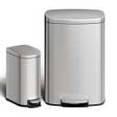Garvee 13 gal (50 L) and 2.6 gal (10 L) Stainless Steel Trash Can Combo Set, Rustproof Garbage Can with Lid for Kitchen and Bathroom, Step-on Trash Bin with Inner Bucket, Rear Handle, Silver