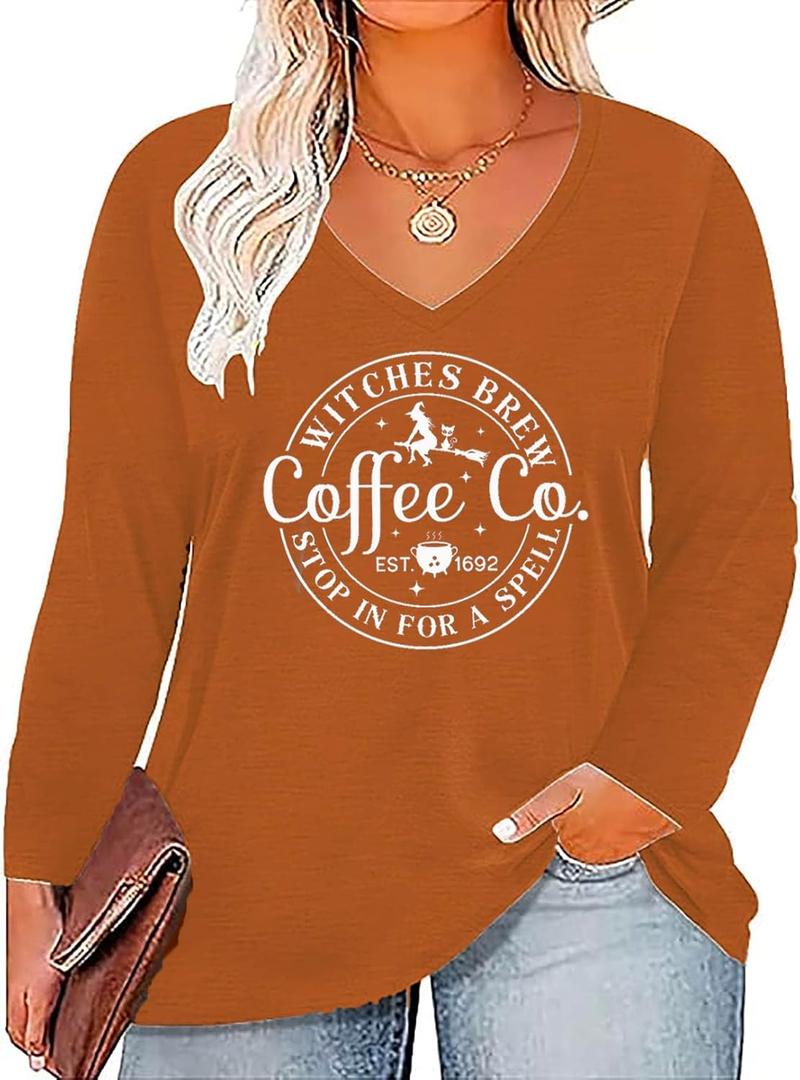 Plus Size Women Halloween Tee Shirt Pumpkin Face Long Sleeve Tee Tops Coffee Letter Print Gift T-Shirt (3X-Large, Orange-1w)