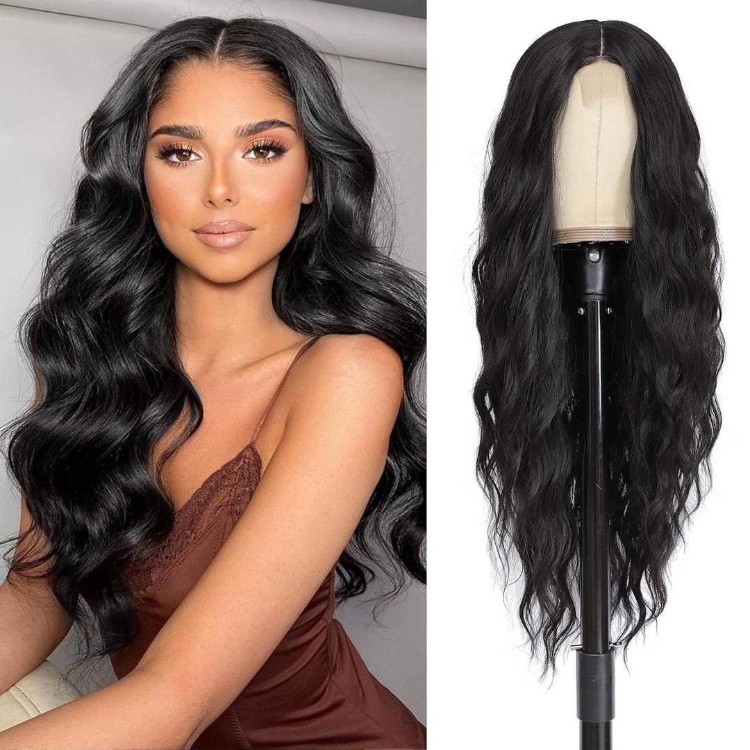 Cosplay Long Black Wig 28 Inch Middle Part Synthetic Wig Realistic Gifts Party Wigs for Women Daily Use Colorful Wigs (Black)