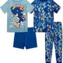 Sonic The Hedgehog 4 Piece Pajama Set - Boys PJs Short Sleeve Shirt, Shorts & Pants - Kids Sleepwear Set - Official License (Blue-blue), 4