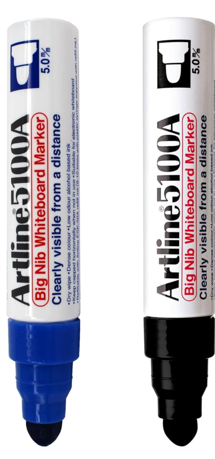 Artline 5100A Big Nib Magnum Whiteboard Dry Erase Markers, Extra Thick 5.0mm Bullet Tip, Readable from a Great Distance, Low Odor Colored Markers for School, Black, Red, Blue, Green, 2-Pack