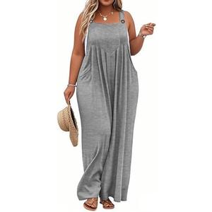 TAKEYAL Women's Plus Size Jumpsuit Overalls Wide Leg Casual Summer Rompers Adjustable Loose Fit Jumpsuits With Pockets 2026, Gray 2XL