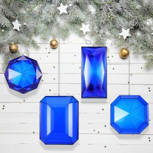 4 Pack Jewel Ornaments 3.9"- 6.2" Acrylic Rectangle Jewel Hanging Decors Christmas Tree Hanging Ornaments Glitter Xmas Rectangle Gemstones for Wedding Holiday Party Decor (Blue)