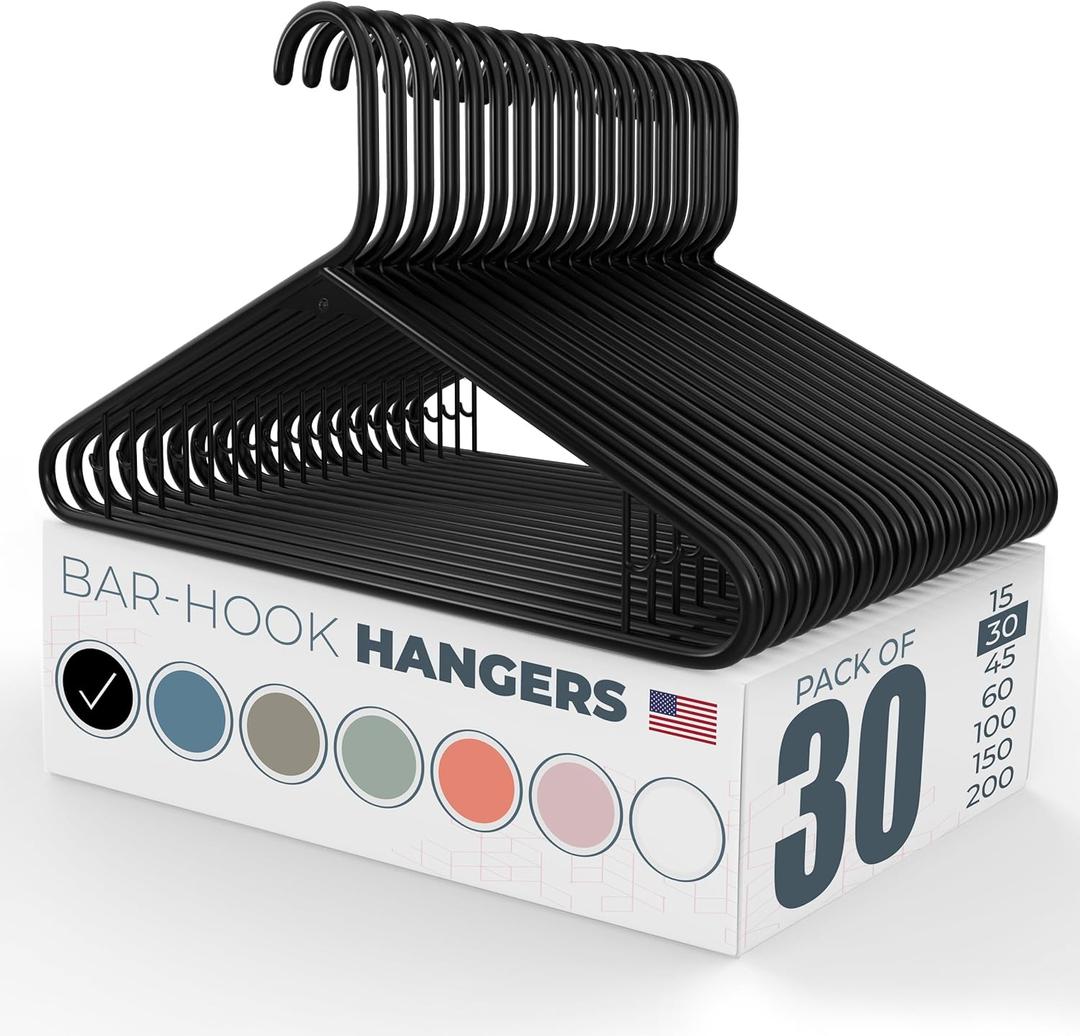 Neaties Plastic Hangers 30 Pack  Made in The USA  6lb Capacity Standard Clothes Hangers with Strap Hooks for Dresses, Lingerie, Shirts, Pants, and Jackets  Black