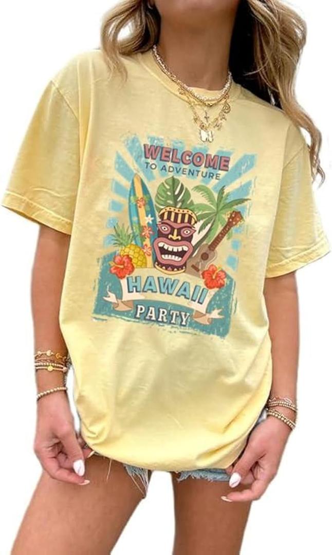 Women's Hawaiian Graphic Tee Tropical Floral, Hawaii Retro Vacation, Loose Short Sleeve T Shirts for Summer Beach (Yellow, L)