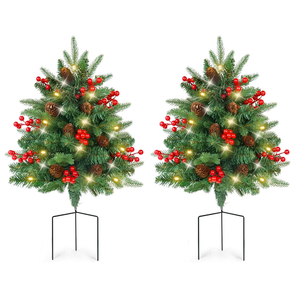Set of 2 Outdoor Christmas Tree with Lights Small Planter Bushes Battery Operated Artifical Urn Filler Outside Christmas Decorations for Front Porch,Yard,Pathway